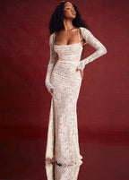 Square Neck Ruched Floral Lace Sheer Long Sleeve Maxi Dress