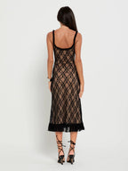 Sheer Lace Floral Overlay Scoop Neck Ruffled Hem Midi Slip Dress