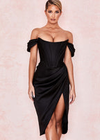 Off Shoulder Corset Bodice Draped Wrap High Slit Midi Dress