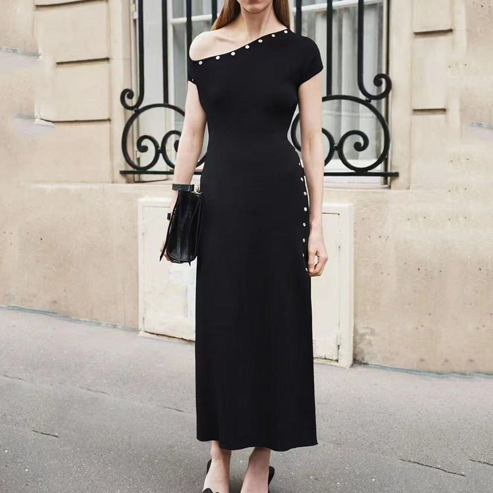 One-Shoulder Button Detail Rib Knit Pointelle Side Slit Maxi Dress