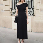 One-Shoulder Button Detail Rib Knit Pointelle Side Slit Maxi Dress