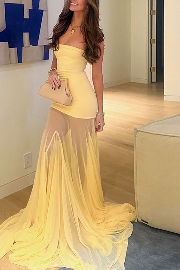 Solid Color Sleeveless Off-shoulder Mesh-paneled Fitted Maxi Dress