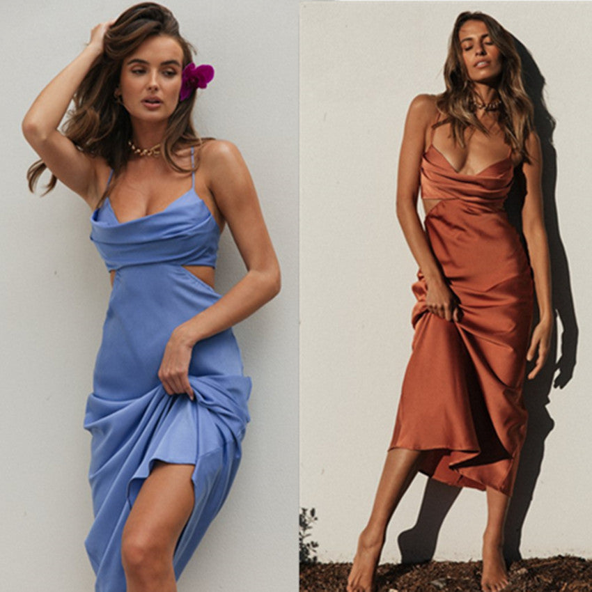 Satin Cowl Neck Spaghetti Strap Waist Cut Out Midi Dress