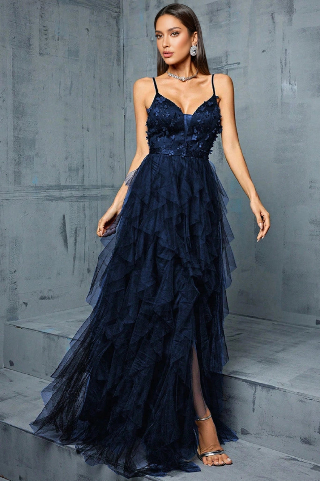 Valentina Blue Mesh Slit Maxi Dress