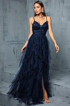 Valentina Blue Mesh Slit Maxi Dress