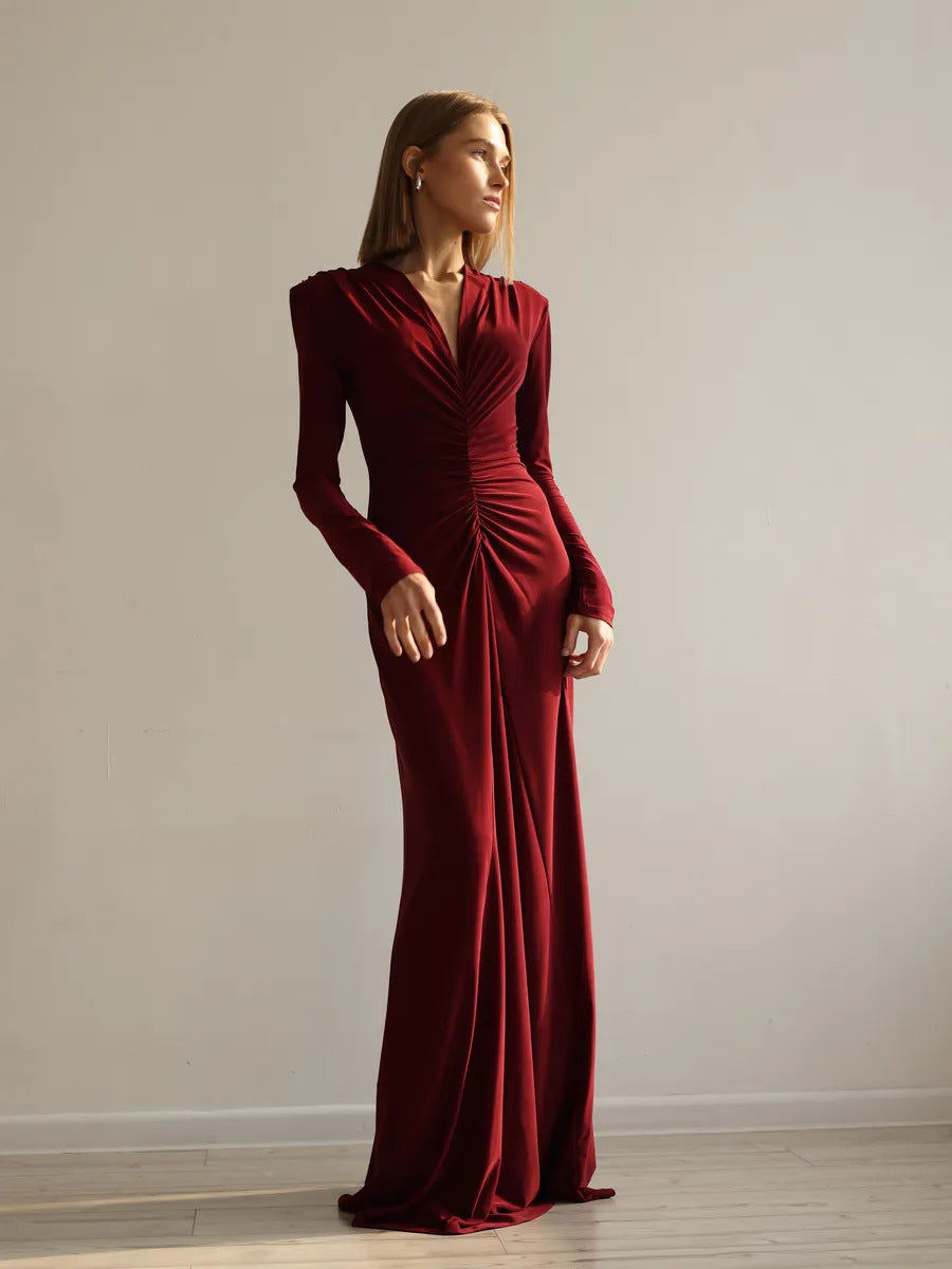 Deep V-Neck Ruched Long Sleeve Floor Length Maxi Dress