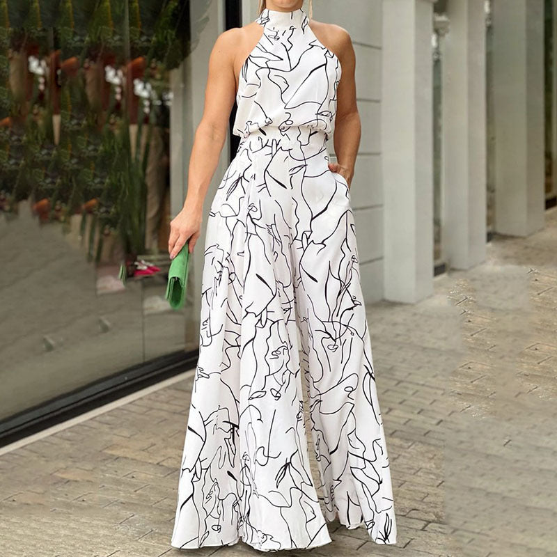 High Waist Lace up Sleeveless Halter Jumpsuit