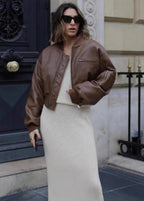 Rhea - Cropped Faux Leather Bomber Jacket