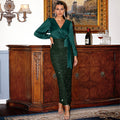 Surplice V-Neck Bishop Sleeve Bow Tie Sequin Skirt Maxi Gown
