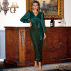 Surplice V-Neck Bishop Sleeve Bow Tie Sequin Skirt Maxi Gown