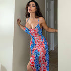 Elena Exclusive Women's Asymmetrical Summer Dress with Floral Pattern and Spaghetti Straps Boutique Collection