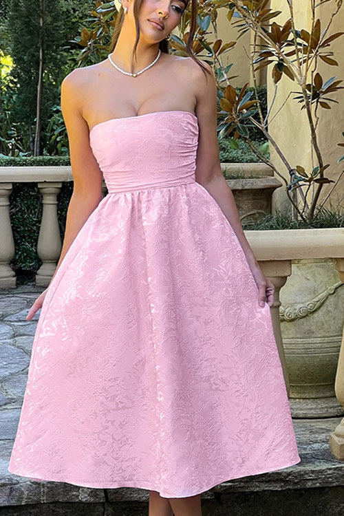 Jacquard Fabric Strapless Open Back Elegant Slim Midi Dress