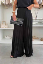 Fashionable Round Neck Shoulder Pads Top and Elastic Waist Pleated Wide-leg Pants Set
