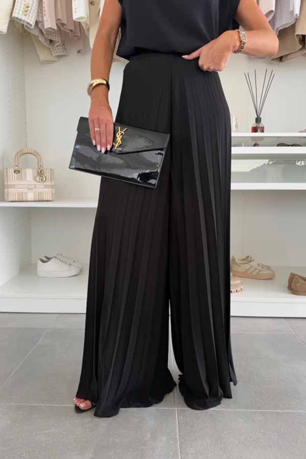 Fashionable Round Neck Shoulder Pads Top and Elastic Waist Pleated Wide-leg Pants Set