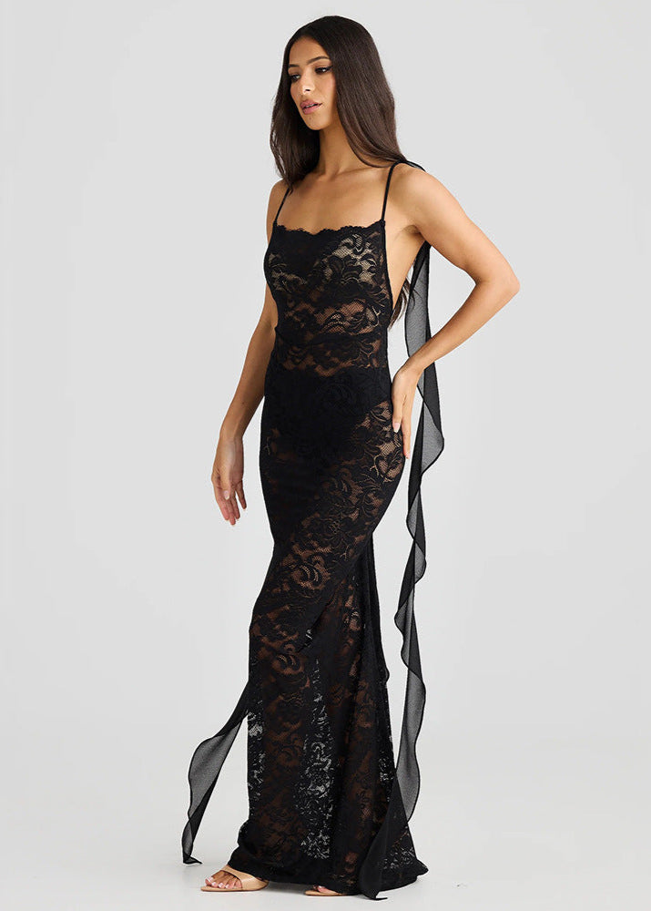 Floral Lace Square Neck Backless Ruffle Streamer Spaghetti Strap Maxi Dress