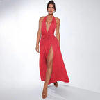 Halter Deep V Ruched Waist Pleated Slit Maxi Dress