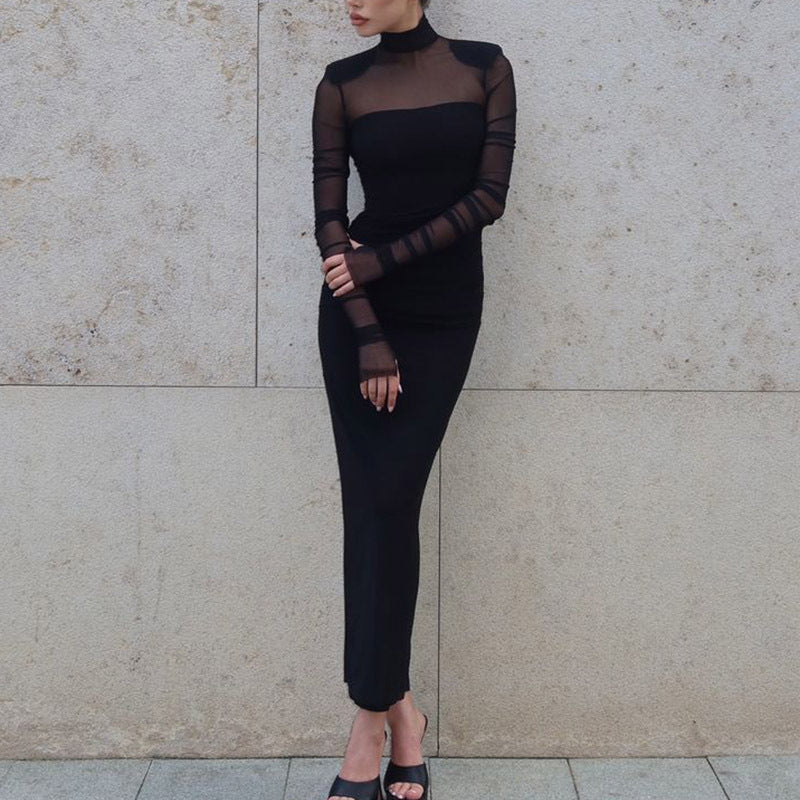 Mesh Mock Neck Long Sleeve Ruched Padded Shoulder Bodycon Maxi Dress