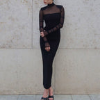 Mesh Mock Neck Long Sleeve Ruched Padded Shoulder Bodycon Maxi Dress