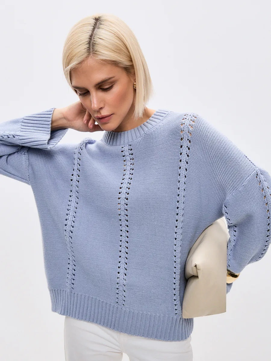 Casual Hollow Knit Crewneck Sweater