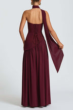 Elegant Off Shopulder Chiffon Pleated Hem Scarf Slit Maxi Dress