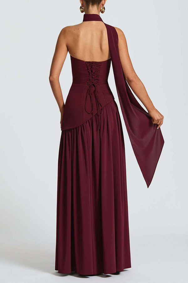Elegant Off Shopulder Chiffon Pleated Hem Scarf Slit Maxi Dress