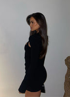 Mock Neck Teardrop Cutout Structured Shoulder Bodycon Mini Dress