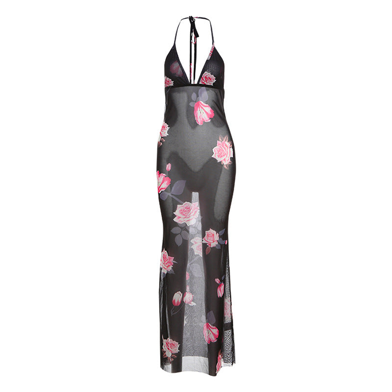 V Neck Backless Personalized Stylish Print Halter Lace Up Dress