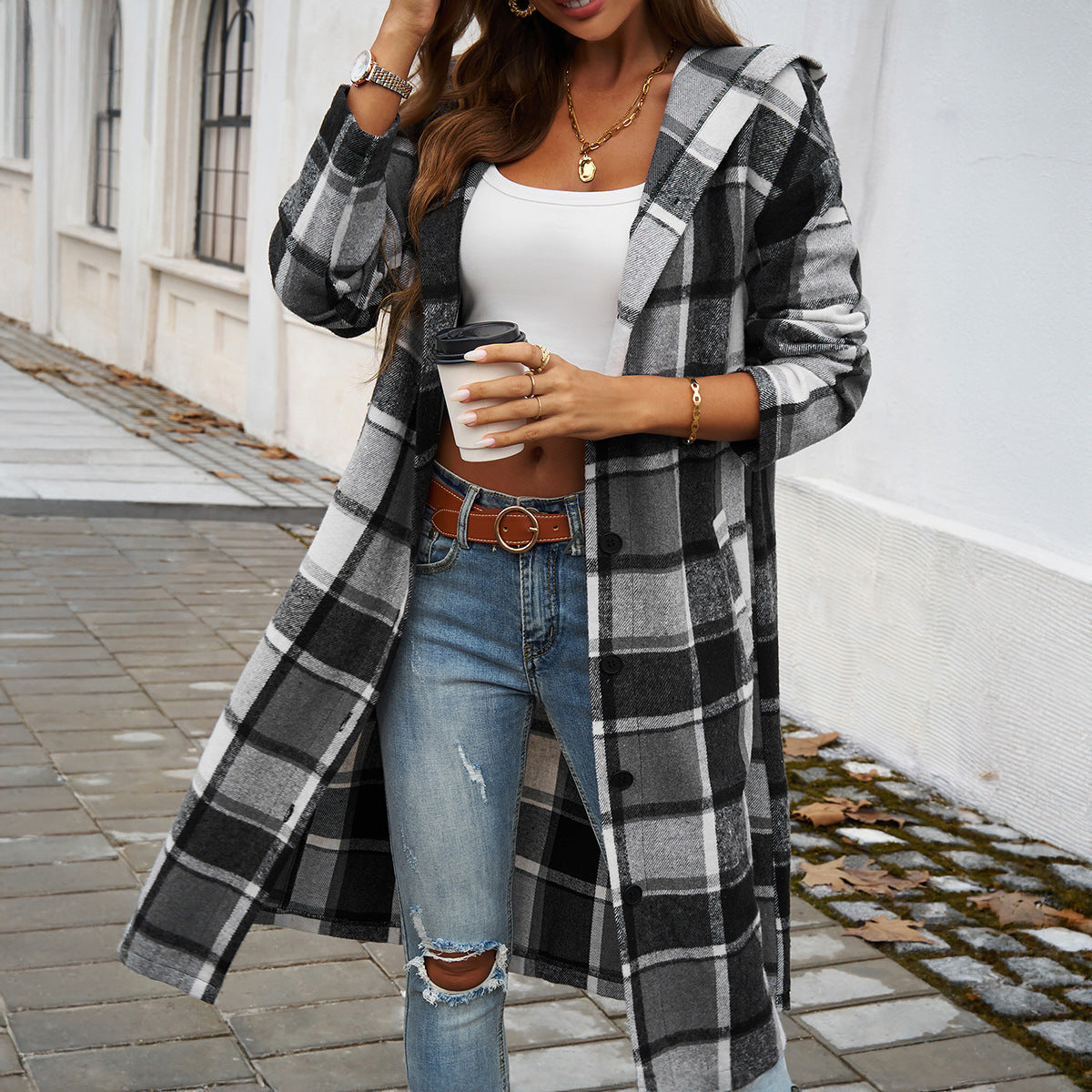 Contrast Color Hooded Coat