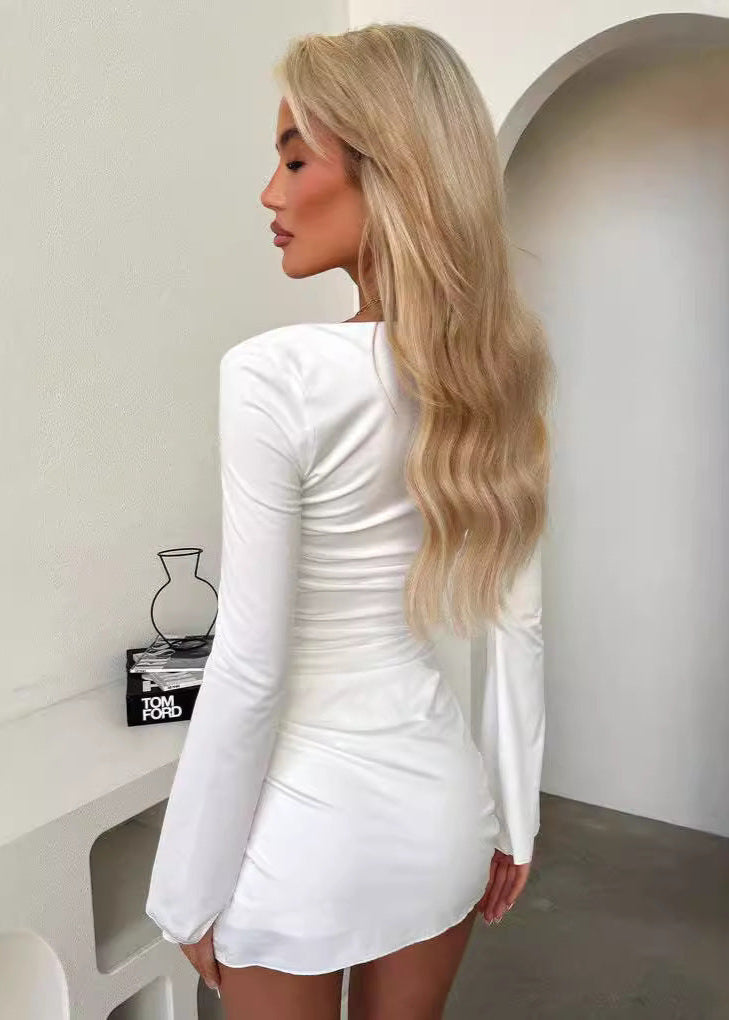 Sweetheart Long Sleeve Bell Cuff Ruched Side Gather Bodycon Mini Dress