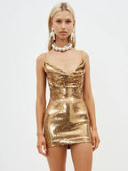 Sequin Cowl Neck Spaghetti Strap Bodycon Mini Dress