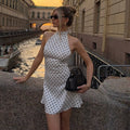 Halter High Neck Polka Dot Satin Fit and Flare Mini Dress