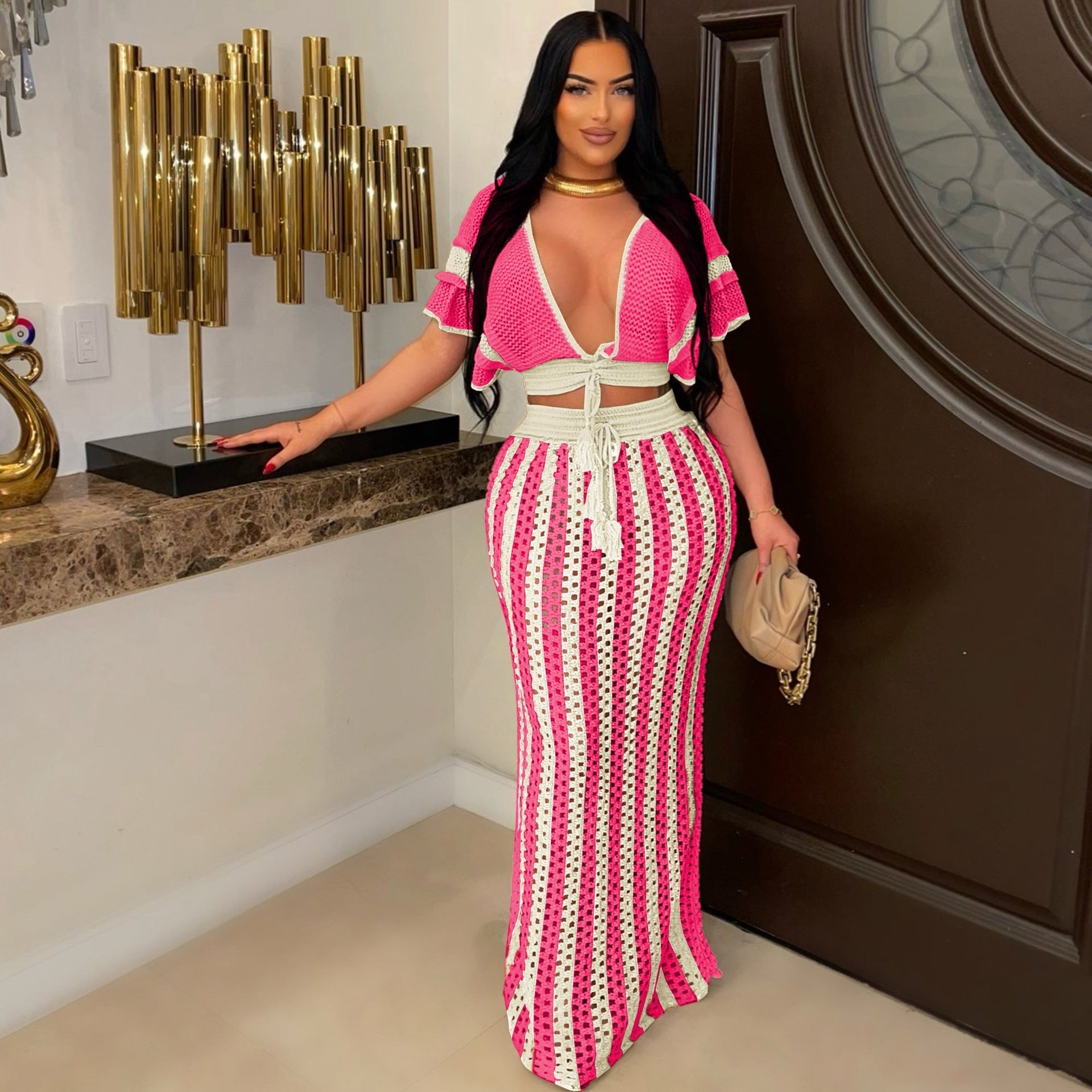 Cutout Striped Knitted Women Skirt Set
