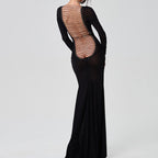 Mesh Long Sleeve Lace Up Open Back Maxi Dress