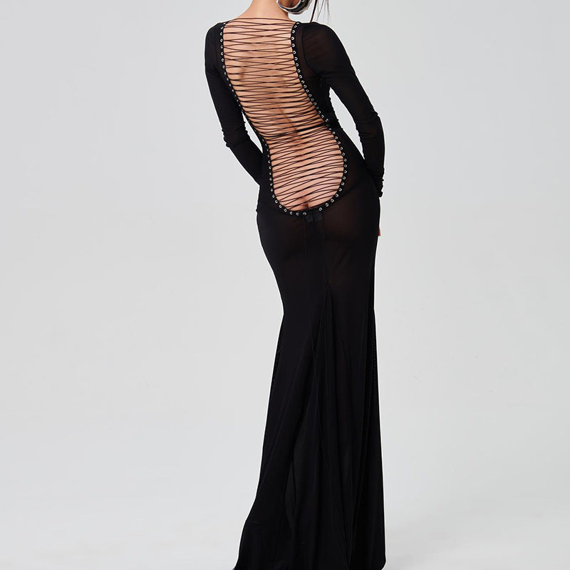 Mesh Long Sleeve Lace Up Open Back Maxi Dress