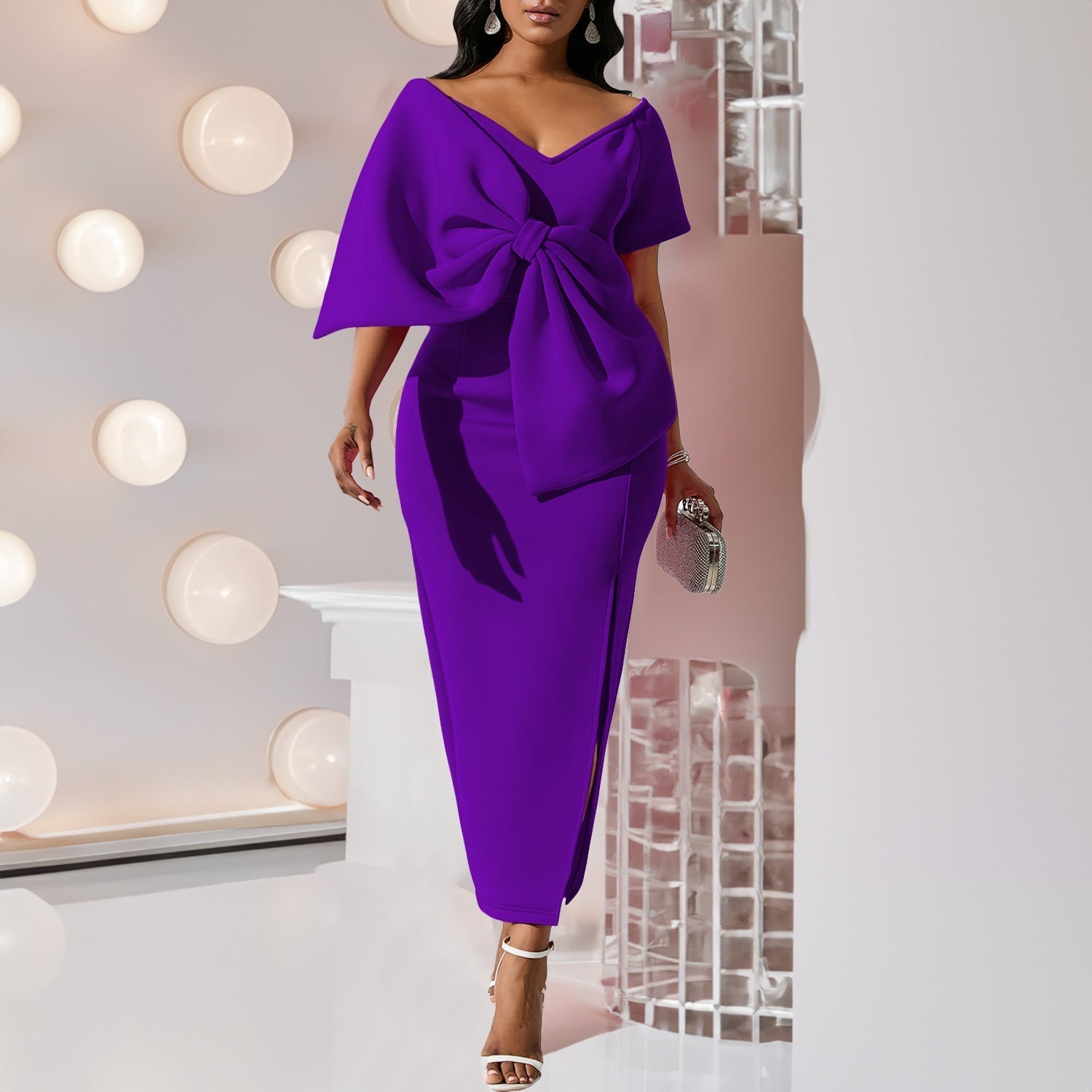 Oversized Bow Asymmetric V-Neck Short Sleeve Bodycon Midi Dress