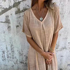 Jimena Minimalist Cotton Linen Dress with V Neck Elevated Occasion Wear