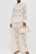 Lillah Embroidered Lace Shell Pattern Long Sleeve Loose Blouse