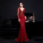 Floral Lace Illusion Long Sleeve Mermaid Trumpet Formal Gown