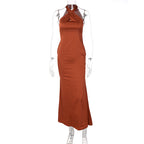 Satin Twist Front Halter Neck Bodycon Maxi Cocktail Dress
