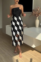 Sexy Tube Top and Backless Rhombus Contrast Midi Dress