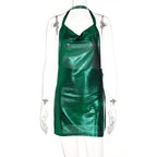 Chainmail Halter Cowl Neck High Slit Belted Mini Dress