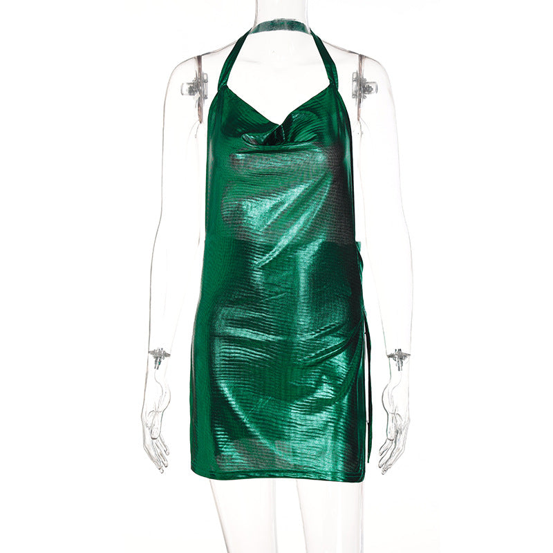 Chainmail Halter Cowl Neck High Slit Belted Mini Dress