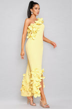 Zalia Yellow One-Shoulder 3D Floral Maxi Dress