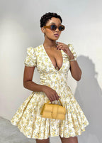Deep V-Neck Puff Sleeve Corset Hook Front Floral Print Fit and Flare Mini Dress