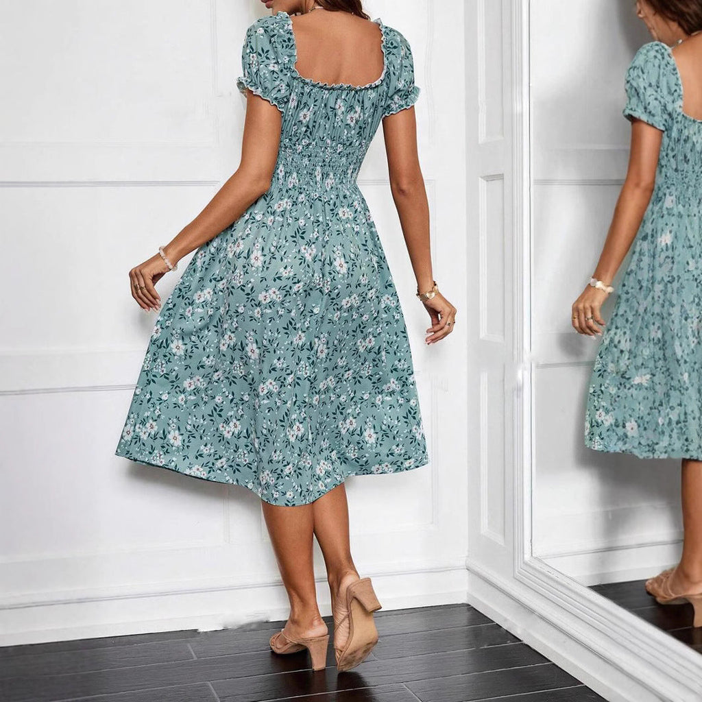 Julia Statement Women's Floral Midi Dress with Elastic Waist and Ruffle Details Evening Wear Edit