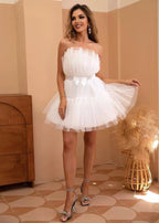 Strapless Ruched Tiered Tulle Bubble Hem Mini Dress