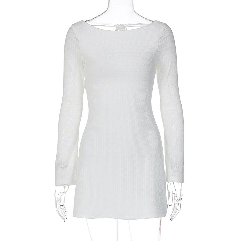 Ribbed Knit Boat Neck Bell Sleeve Bodycon Mini Dress