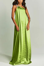 Charming Glance Satin Metal Hardware One Shoulder Loose Maxi Dress