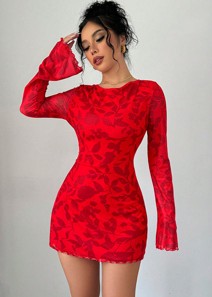 Floral Burnout Open Back Flare Sleeve Bodycon Mini Dress