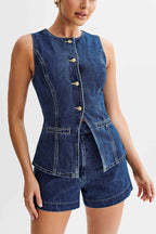 Abel Denim Button Up Princess Seams Pocket Vest Top
